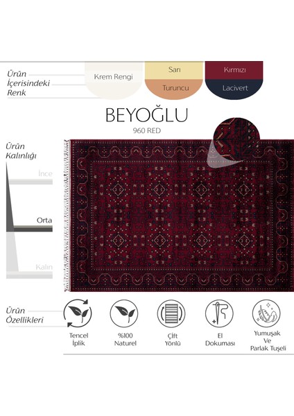 Beyoğlu 960 Kırmızı Salon Halısı Yağcı Bedir Desenli Nostalji Halı Afgan El Halısı Tensel Uşak Halısı fiyatları