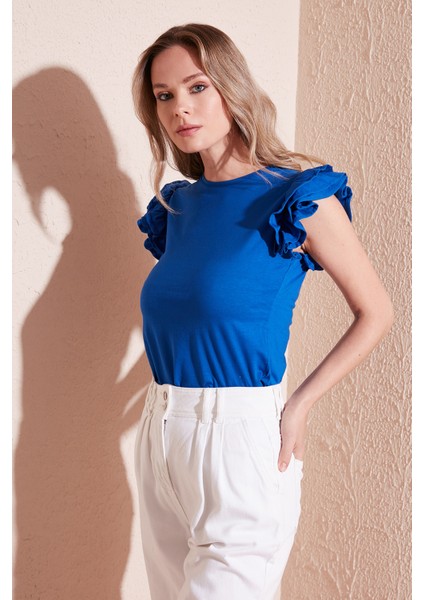 Pamuklu Kolları Fırfırlı Slim Fit Bisiklet Yaka T Shirt Kadın T Shirt 5864500