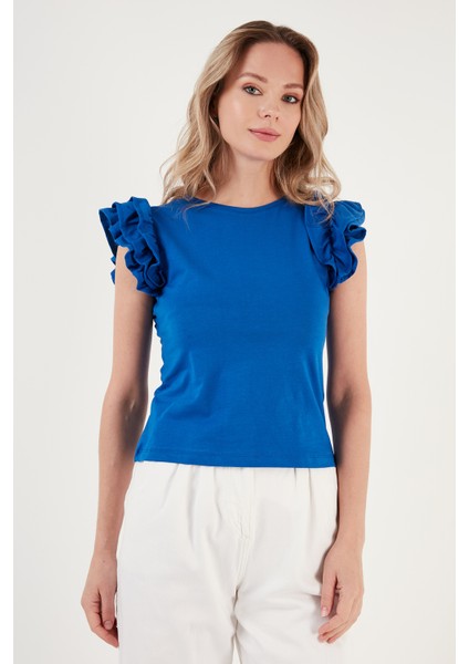 Pamuklu Kolları Fırfırlı Slim Fit Bisiklet Yaka T Shirt Kadın T Shirt 5864500 fiyatları