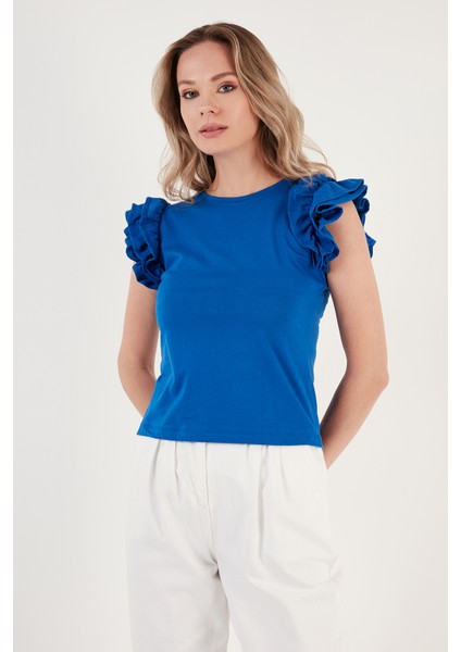 Pamuklu Kolları Fırfırlı Slim Fit Bisiklet Yaka T Shirt Kadın T Shirt 5864500 modelleri