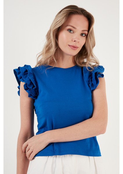 Pamuklu Kolları Fırfırlı Slim Fit Bisiklet Yaka T Shirt Kadın T Shirt 5864500 fırsatları