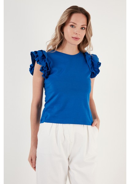 Pamuklu Kolları Fırfırlı Slim Fit Bisiklet Yaka T Shirt Kadın T Shirt 5864500 indirimleri