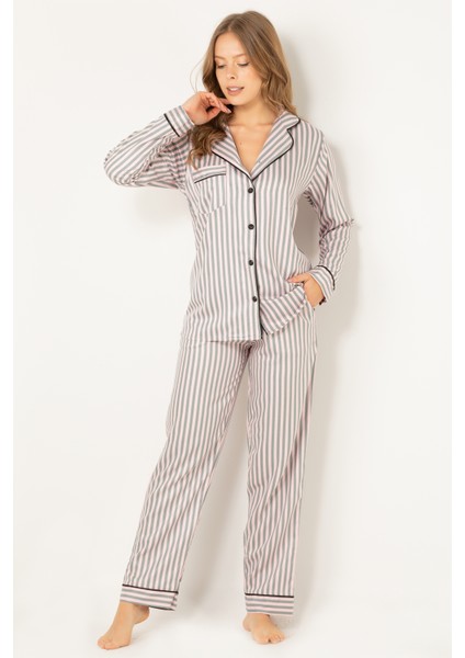 Çizgili Doğal Viskon Soft Yumuşak Düğmeli Pijama Takımı