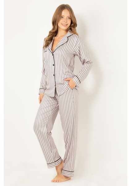 Çizgili Doğal Viskon Soft Yumuşak Düğmeli Pijama Takımı fiyatları