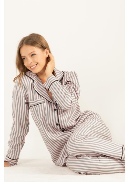 Çizgili Doğal Viskon Soft Yumuşak Düğmeli Pijama Takımı modelleri