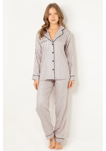 Çizgili Doğal Viskon Soft Yumuşak Düğmeli Pijama Takımı fırsatları