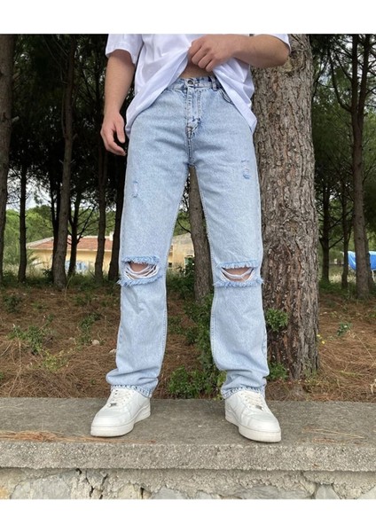 Dizi Yırtık Baggy Pantolon Buz Mavi fiyatları