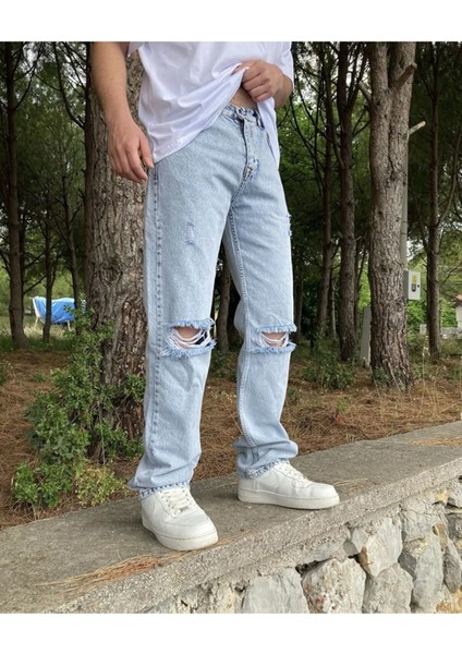 Dizi Yırtık Baggy Pantolon Buz Mavi modelleri