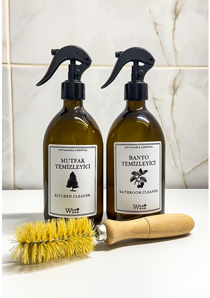 Amber Cam Stantsız Mutfak ve Banyo Temizleyici Şişesi ve Bulaşık Temizleme Fırçası