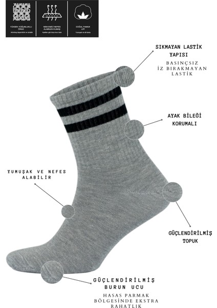 Kral Socks  Erkek Kadın (3 Çift) Çizgili Kolej Tenis Çorabı Pamuklu Terletmez Çorap