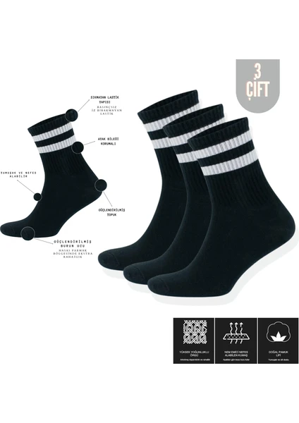 Kral Socks  Erkek Kadın (3 Çift) Çizgili Kolej Tenis Çorabı Pamuklu Terletmez Çorap