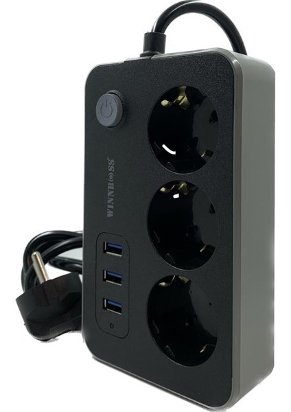 Termal Akım Korumalı 3'lü Priz 3x USB Uzatma 2m Kablo Uzunluğu