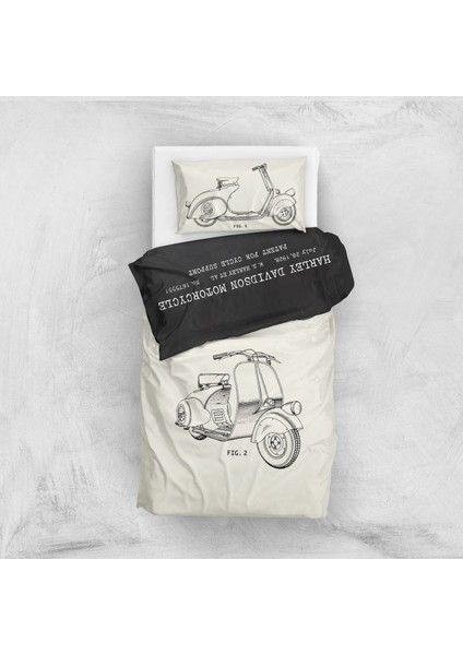 Vespa Ivory & Harley Davidson Model 28B Chalkboard Çift Taraflı Nevresim Takımı