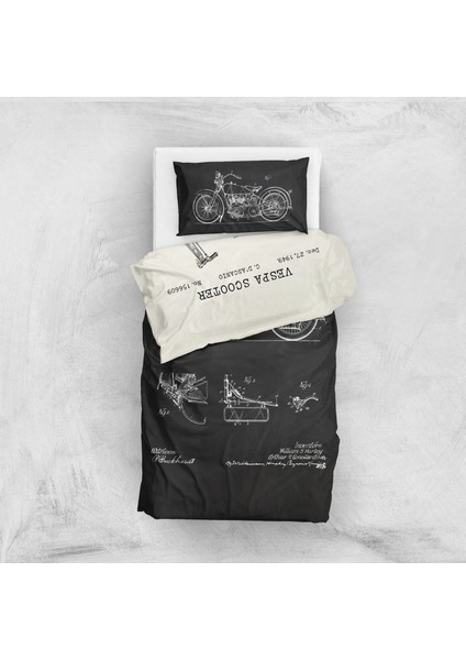 Vespa Ivory & Harley Davidson Model 28B Chalkboard Çift Taraflı Nevresim Takımı