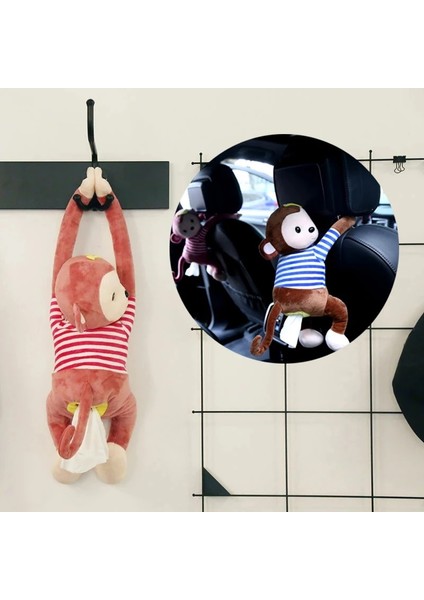 Pembe ve Beyaz Şerit Araba Peluş Bebek Doku Kutusu Giysili Maymun Doku Kutusu Araba Aksesuarları Asılı Muz Maymun Araba Koltuğu Geri Araba Dekorasyon (Yurt Dışından)