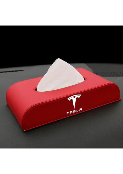 Kırmızı Araba Kol Dayama Kutusu Pano Blok Tipi Doku Kutusu Deri Kağıt Kutu Tutucu Tesla Modeli 3 S x Y Logo Araba Styling Aksesuarları (Yurt Dışından)