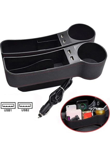 Doğru Deri Araba Koltuğu Boşluk Dolgusu USB Şarj Konsolu Yan Organizatör Bardak Tutucu ile Cep Telefonu Cüzdan Kart Anahtarı Için Saklama Kutusu (Yurt Dışından)