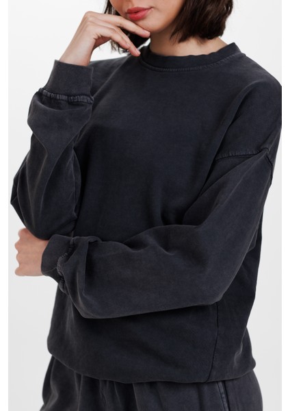 Kadın Siyah Bisiklet Yaka Oversize Ultra Soft Sweat
