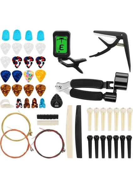 65 Pcs Gitar Aksesuarları Kiti, Gitar Telleri, Tuner, Capo, Seçimler, Seçim Tutucu, Başparmak Parmak Seçimleri, Köprü Pimleri (Yurt Dışından)