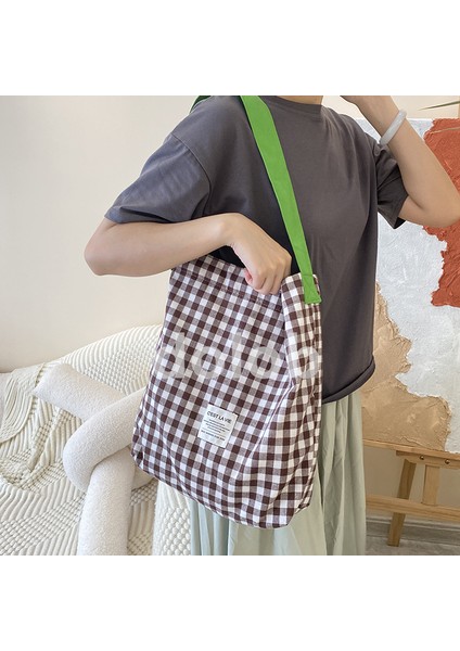 Crossbody Büyük Kapasiteli Kontrast Renk Ekose Kanvas Çanta Rahat Basit Omuz Çantası Alışveriş Çantası (Yurt Dışından) fiyatları