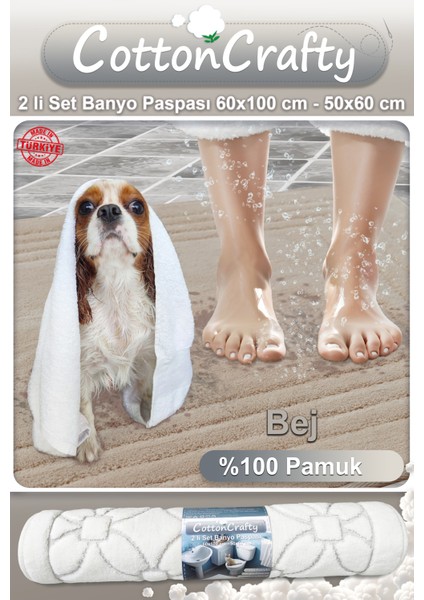 Cotton Crafty %100 Pamuk Dokuma Banyo Paspas Seti, Banyo Halısı Vera 60X100 - 60X50