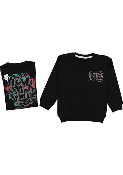 Erkek Çocuk Çift Taraf Est Yazı Desenli Siyah Sweatshirt