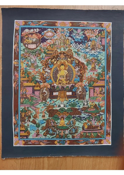 Orjinal Nepal El Yapımı Mandala ( Budha Nın Hayatı ) -Simli Boyalarla Çizilmiş,meditatif 34CMX40CM Ebatlarında