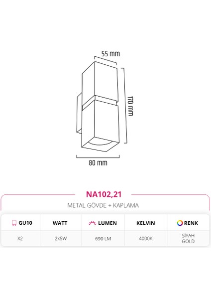 Çift Yönlü Iç Mekan Siyah Gold Aplik 2x5W 4000K Ilık Beyaz NA102