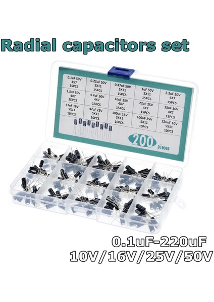 200 Adet/grup Radyal Kapasitörler Seti 15 Değerler 0.1 UF-220 Uf Elektrolitik Kondansatör Çeşitler Kiti 10 V/16 V/25 V/50 V Kapasitör Paketi (Yurt Dışından)