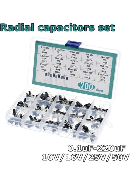200 Adet/grup Radyal Kapasitörler Seti 15 Değerler 0.1 UF-220 Uf Elektrolitik Kondansatör Çeşitler Kiti 10 V/16 V/25 V/50 V Kapasitör Paketi (Yurt Dışından)