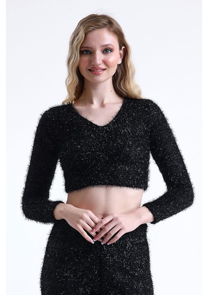 Simli Sakallı Abiye Crop Bluz | BLZ35283 Siyah