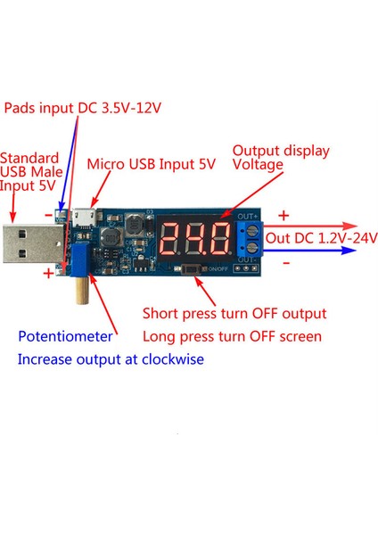 Dc-Dc 5V 1.2-24V LED Dijital Güç Modülü USB Yükseltme/aşağı Kurulu Boost Buck Dönüştürücü Mikro USB Girişi (Yurt Dışından)
