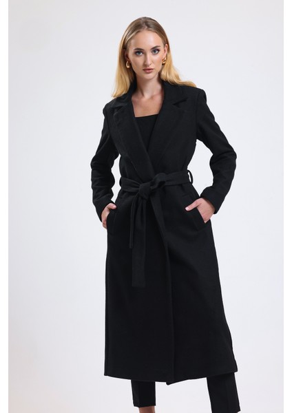 Yırtmaç Detaylı Kuşaklı Uzun Kaşe Kaban | KBN34637 Siyah