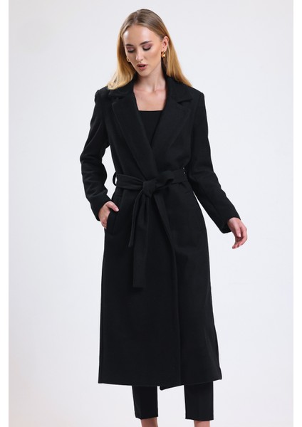 Yırtmaç Detaylı Kuşaklı Uzun Kaşe Kaban | KBN34637 Siyah fiyatları