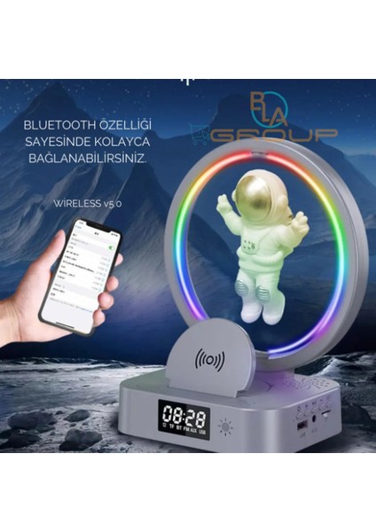 Çok Işlevli Astronot Rgb Atmosfer Lambası Çalar Saat Bluetooth Hoparlör