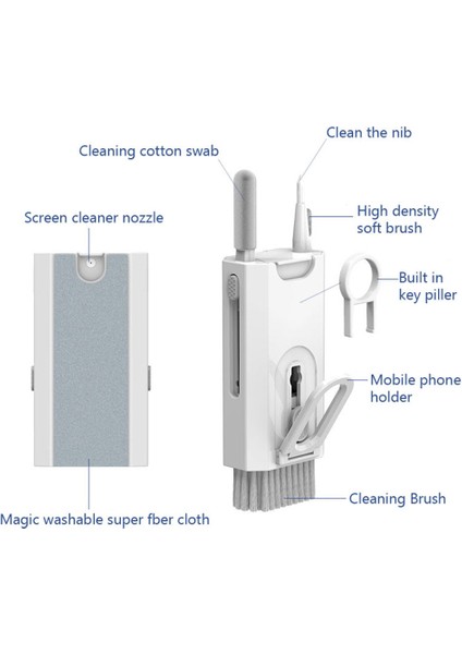 8-In-1 Bilgisayar Klavye Temizleyici Fırça Seti Kulaklık Temizleme Kalemi Kulaklık Telefon Temizleme Araçları Beyaz (Yurt Dışından)