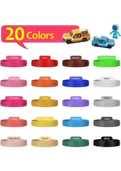 Pla, 20 Renk Yeniden Doldurur, Renk Başına 16 Ft Toplam 320 Ft 3D Baskı Kalemi Için 1,75 mm Premium Filament Gelir (Yurt Dışından) modelleri