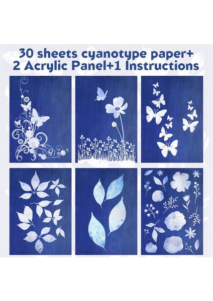 Sun Print Kağıt Seti, Cyanotype Kağıdı, 2 Sayfalık Akrilik Panelli 30 Sayfa Cyanotype Kağıdı, Aktif Baskı Sanat Kağıdı (Yurt Dışından)