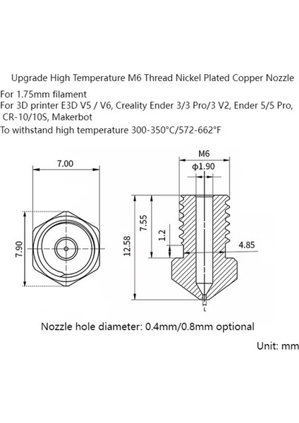 3D Yazıcı Için 5 Adet Yüksek Sıcaklık M6 Konu Nikel Kaplama Bakır Meme, V5/v6, 3/5 -10 (0.4mm) (Yurt Dışından)
