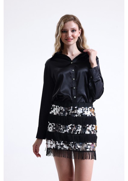 Pul ve Püskül Detaylı Büyük Beden Abiye Mini Etek | ETK34438