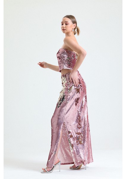 Vücuda Oturan Örme Parıltılı Pul Payet Şık Abiye Etek | ETK34902 Pudra modelleri