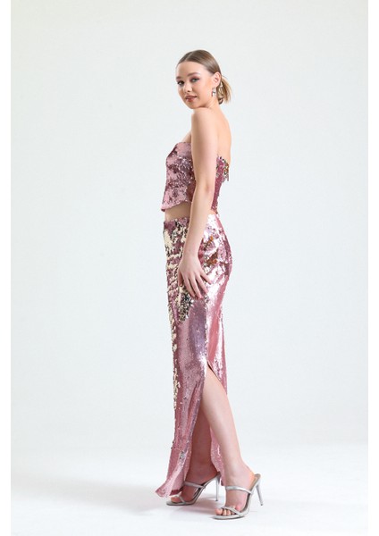 Vücuda Oturan Örme Parıltılı Pul Payet Şık Abiye Etek | ETK34902 Pudra fırsatları