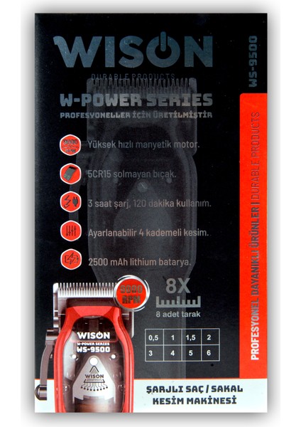 W-Power Serisi WS-9500 Profesyonel Yüksek Hız 9000 Rpm 2500 Mah 8 Taraklı Tıraş Makinesi