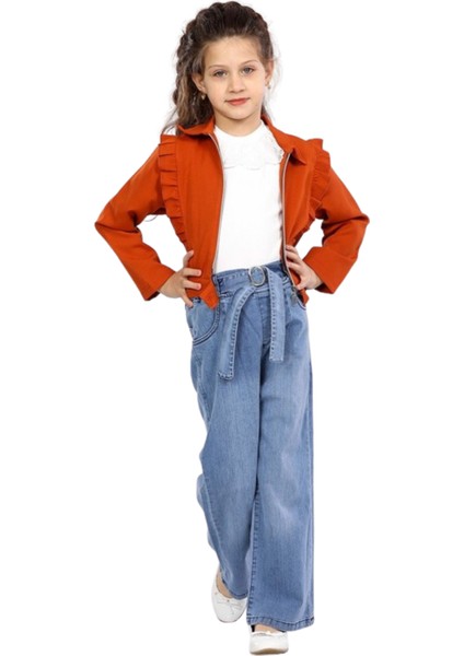 Kız Çocuk Bluzu Dantelli Ceketli Kot Pantolonlu Kiremit Renk 3lü Takım
