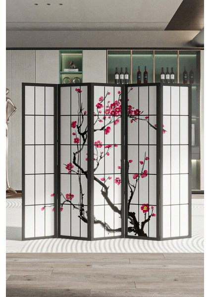 Doğal Ahşap Japon Stil Sakura Ağacı 5 Kanat Paravan Seperatör Oda Bölme