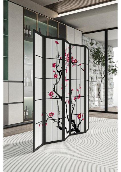 Doğal Ahşap Japon Stil Sakura Ağacı 5 Kanat Paravan Seperatör Oda Bölme fiyatları