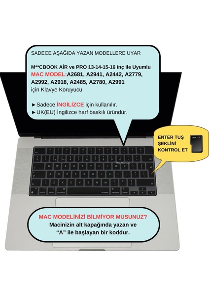 Macbook Air Pro Klavye Kılıfı UK(EU) İngilizce M1-M2-M3 A2681 A2941 A2442 A2485 A2992 A2991