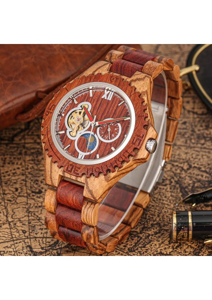 W581801 Lüks Moda Lüks Iş Büyük Büyük Kadran Hollow Güneş Ay Yıldız Erkek Ahşap Mekanik Saatler Erkekler Için (Yurt Dışından)