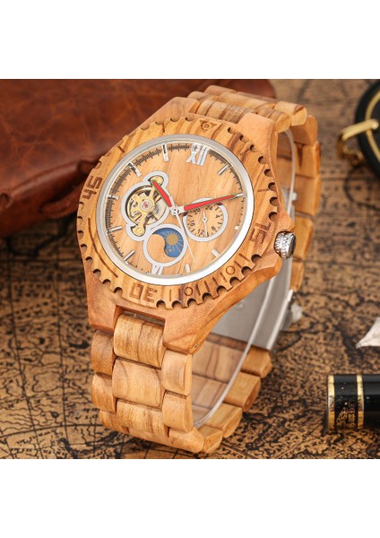 W581801 Lüks Moda Lüks Iş Büyük Büyük Kadran Hollow Güneş Ay Yıldız Erkek Ahşap Mekanik Saatler Erkekler Için (Yurt Dışından)