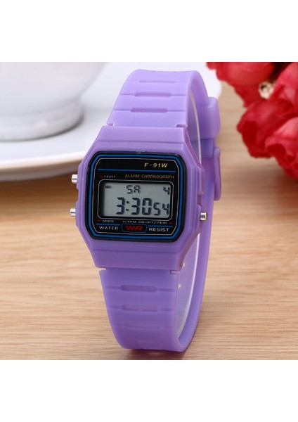 Mor Spor Çok Fonksiyonlu Ultra-Ince Işıklı LED Çocuk Saatler Spor Elektronik Saat Çocuk Kız Öğrenciler Saat Kare F91W Izle (Yurt Dışından)